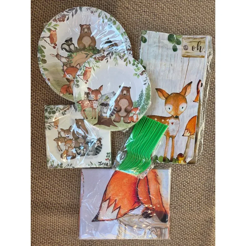 24 guests Forest Animals Birthday Party Supplies- table cover, backdrop and more